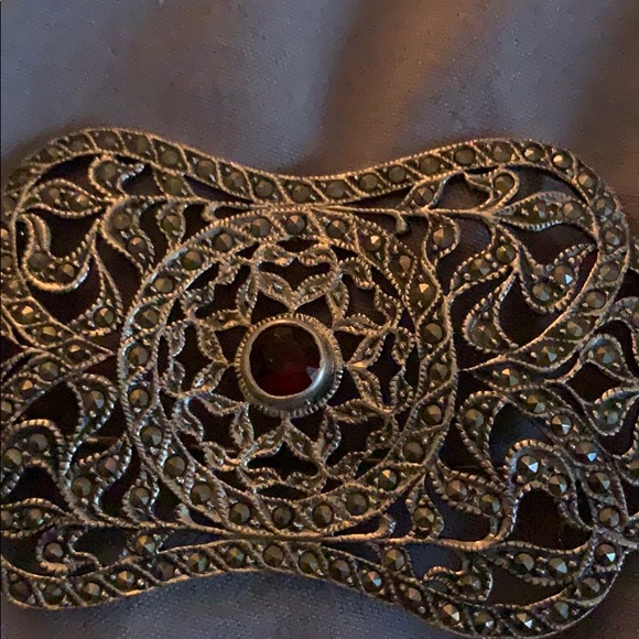 SterlingSilver Marcasite Brooch 925 w/Garnet gem - Picture 4 of 4